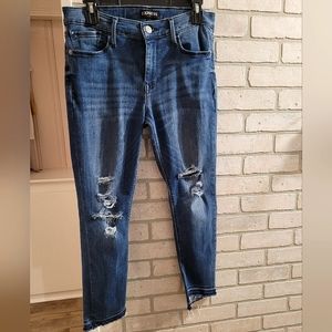Brand: Express, Style: cropped, midrise, skinny dark blue jeans, frayed, Size: 8